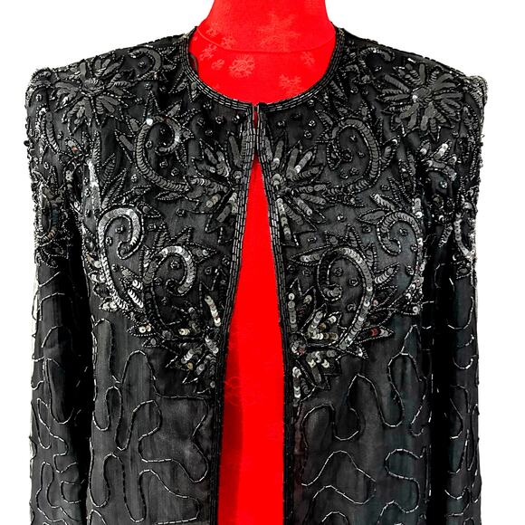 JMD New York black silk cocktail jacket size S beads & sequins NEW OLD STOCK - Picture 2 of 13